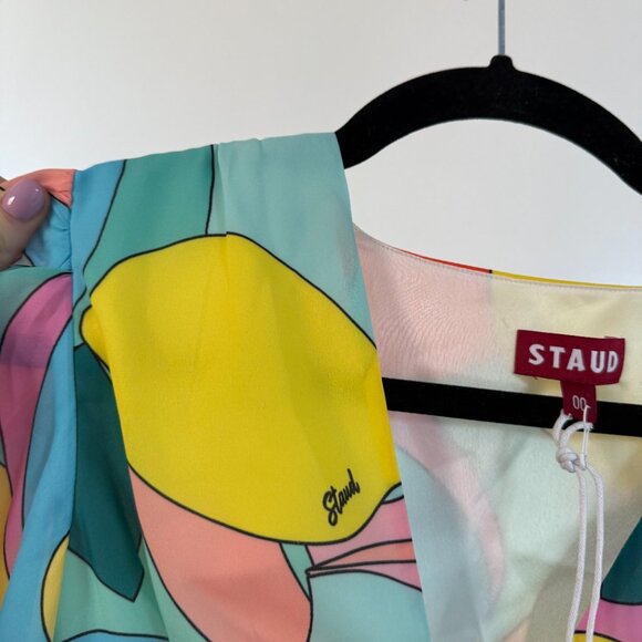 NWT Staud Milla A-line Mini Dress Georgette Allover Multi-Print V-Neck Sz 6 - Picture 5 of 10